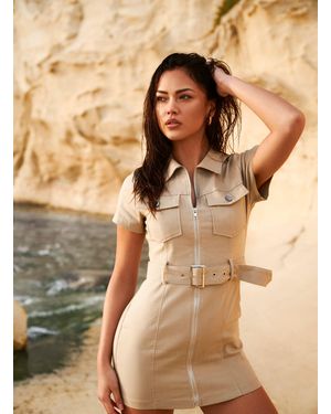 Pink Vanilla Belted Utility Mini Dress - Brown
