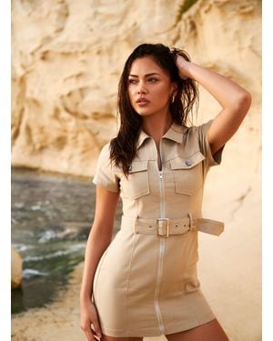 Pink Vanilla Belted Utility Mini Dress - Brown