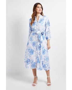Wallis Floral Lace Insert Collarless Shirt Dress - Blue
