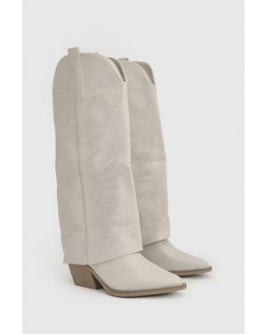 Boohoo Knee High Fold Over Western Boots - White