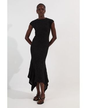Karen Millen Textured Hanky Hem Short Sleeve Trim Detail Jersey Maxi Dress - Black