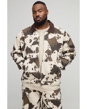 BoohooMAN Plus Washed Cow Print Boxy Oversized Denim Jacket - Brown
