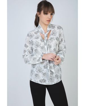 Conquista Long Sleeve Floral Top With Neck Tie Detail And Button Cuffs By Fashion - White