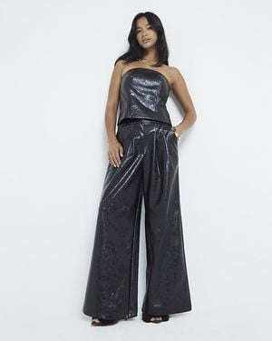 River Island Wide Leg Trousers Petite Faux Leather - Blue
