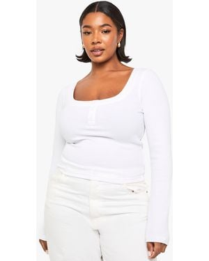 Boohoo Plus Rib Detail Scoop Neck Long Sleeve Top - White