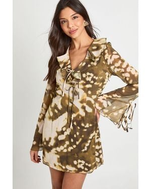 Boohoo Abstract Chiffon Ruffle Shift Dress - Natural