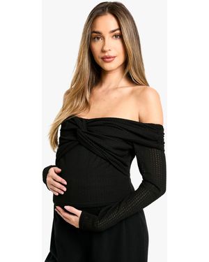 Boohoo Maternity Textured Twist Detail Bardot Long Sleeve Top - Black