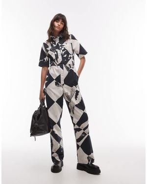 TOPSHOP Short Sleeve Printed Jumpsuit - White