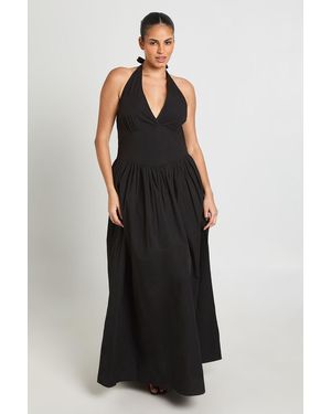 Boohoo Plus Cotton Poplin Halter Neck Pleated Maxi Dress - Black