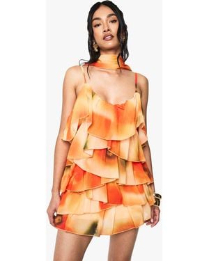 Boohoo Chiffon Blurred Abstract Scarf Detail Mini Dress - Orange