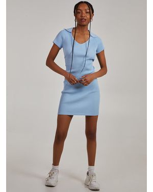 Pink Vanilla Knit Ribbed Collared Mini Dress - Blue