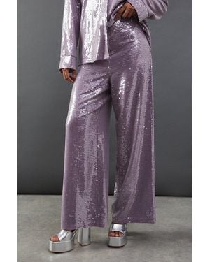 Warehouse Sequin High Waist Straight Leg Trouser - Purple