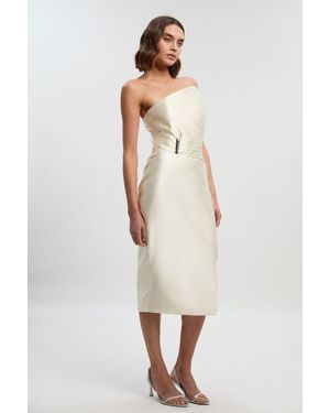 Karen Millen Satin Twill Trim Detail Structured Asymmetric Neck Tailored Midi Dress - White