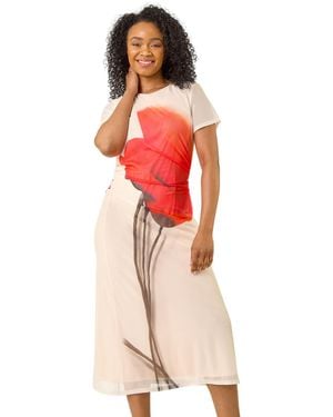 Roman Petite Tulip Motif Mesh Midi Dress - Red