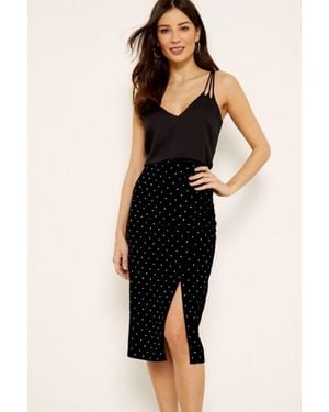 Sosandar Velvet Diamante Split Detail Skirt - Black