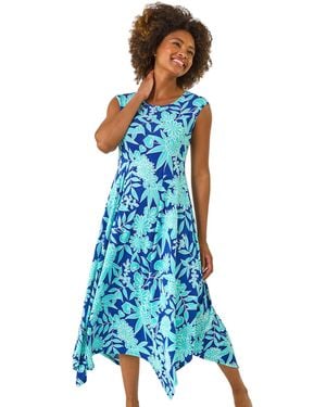 Roman Floral Puff Print Stretch Maxi Dress - Blue