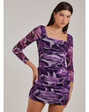 Pink Vanilla Mesh Marble Long Sleeve Mini Dress - Purple