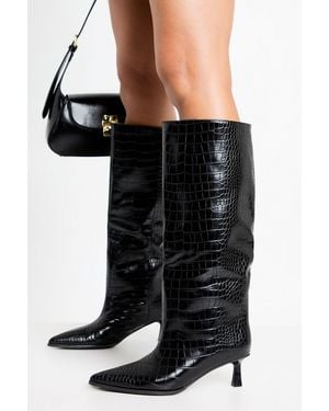 Boohoo Croc Low Stiletto Column Boots - Black