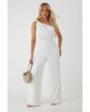 MissPap Knot Detail Asymmetric Neck Wide Leg Jumpsuit - White