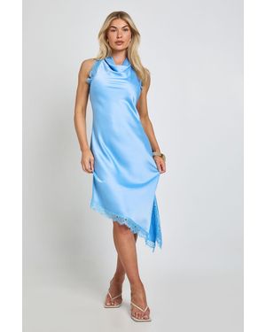Boohoo Textured Satin & Lace Trim Midi Dress - Blue