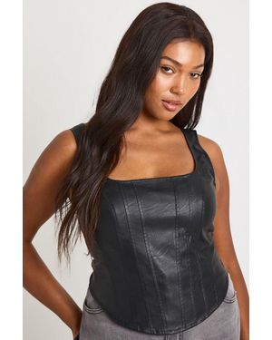 Boohoo Plus Washed Faux Leather Dip Hem Corset Top - Black