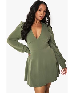 Boohoo Plus Long Blouson Sleeve Skater Dress - Green