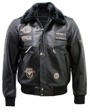 Infinity Leather Cow Hide Detachable Collar Flight Bomber Jacket - Grey