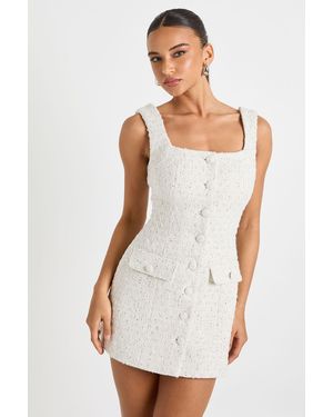 Boohoo Sequin Boucle Square Neck Tailored Mini Dress - White