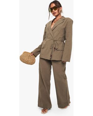 Boohoo Linen Beaded Tie Detail Wide Leg Trouser - Natural