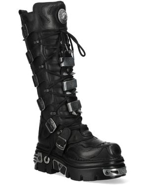 New Rock M-161-C10 Knee High Leather Spiked Gothic Boots - Black