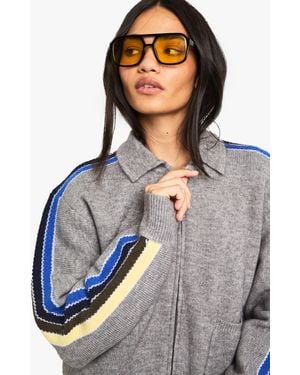 Boohoo Knitted Zip Through Stripe Sleeve Cardigan - Blue