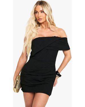 Boohoo Linen Look Off The Shoulder Ruched Mini Dress - Black