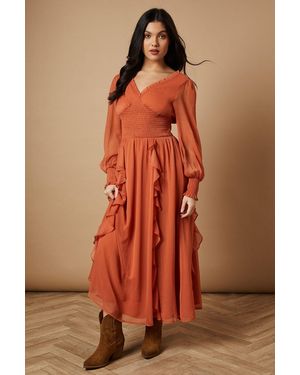 Oasis Plain Ruffle Detail Shirred Waist Midaxi Dress - Orange