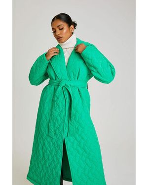 Urban Bliss Longline Quilted Belted Jacket - Green