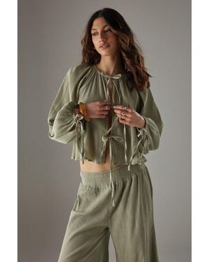 Warehouse Cheesecloth Tie Front Boho Blouse - Brown