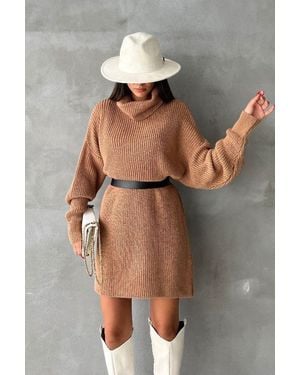 Hiccup Knitted Turtleneck Long Sleeve Midi Oversized Dress - Brown