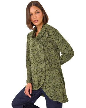 Roman Floral Print Cowl Neck Top - Green