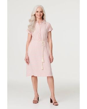 Izabel London Striped Tie Waist Knee Length Dress - Pink