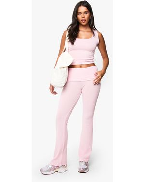 Boohoo Loungewear Soft Rib Mix & Match Foldover Flared Trousers - Pink