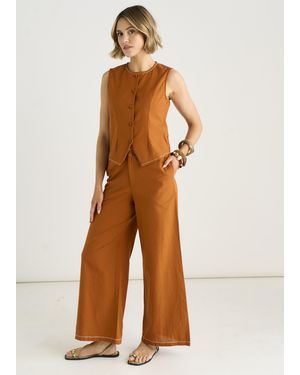 Gini London Rust Contrast Embroidery Stitch Detail Trouser - Brown