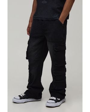 BoohooMAN Washed Relaxed Fit Cargo Flared Jeans - Black
