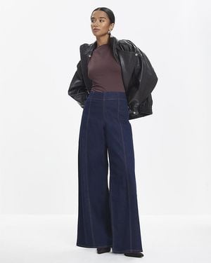 River Island Wide Leg Jeans Petite Pull On Cotton - Blue