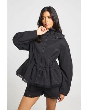 Boohoo Funnel Neck Lace Trim Hem Jacket - Black