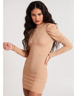 Pink Vanilla Ribbed Open Back Padded Shoulder Dress - Natural