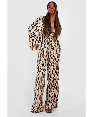 Boohoo Abstract Print Wide Leg Trousers - Natural