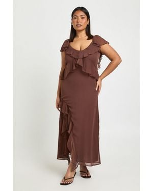 Boohoo Plus Chiffon Ruffle Hem Angel Sleeve Midaxi Dress - Brown