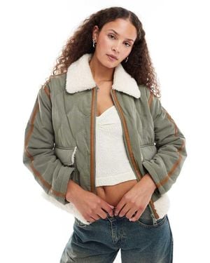 Urban Revivo Faux Shearling Quilted Overcoat - Grey