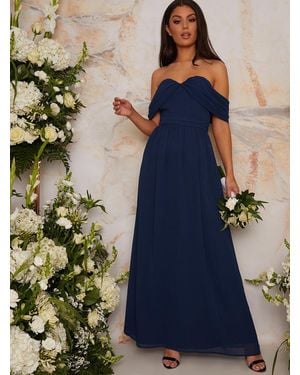 Chi Chi London Bardot Draped Chiffon Maxi Dress - Blue