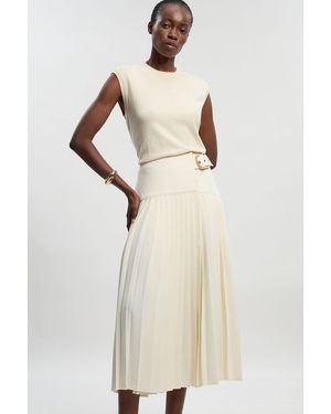 Karen Millen Petite Tailored Crepe Pleated Wrap Buckle Detail Maxi Skirt - Natural