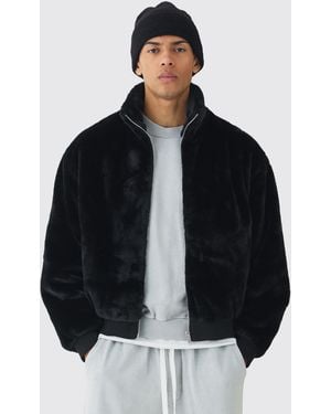 BoohooMAN Faux Fur Funnel Neck Bomber Jacket - Black